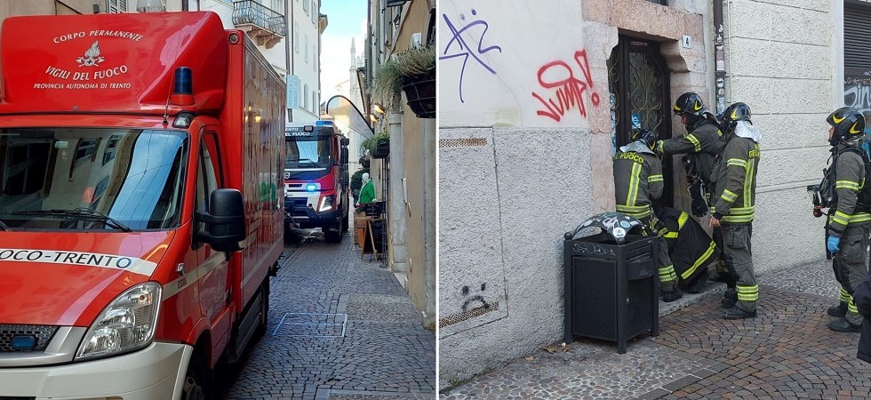 Fumo da un edificio in centro a Trento: vigili del fuoco in azione dopo l'allarme in via degli Orbi